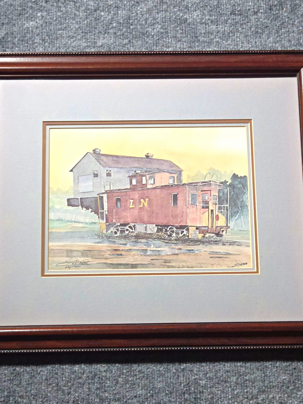 Framed Signed Railroad Caboose Art Print Marked "LN" Numbered 621/1000 20x16.5in
